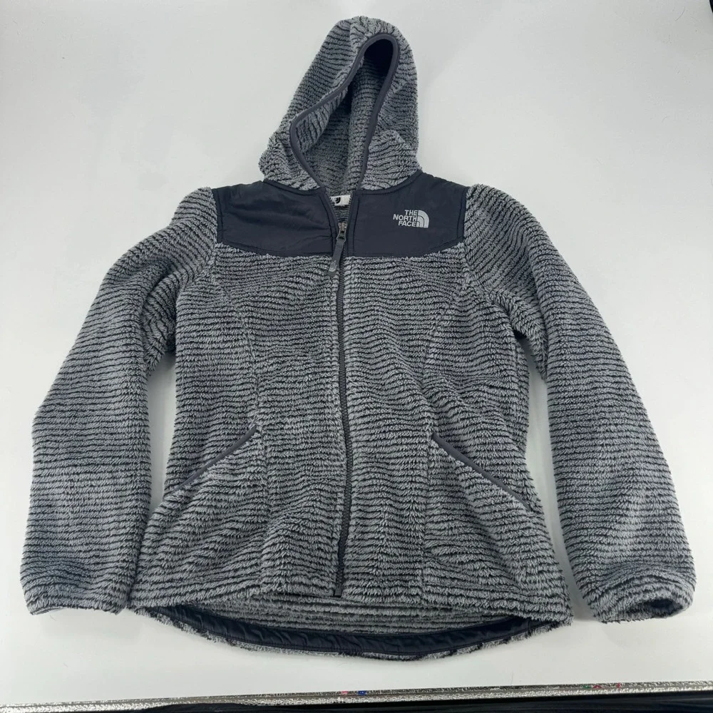 The North Face Girls Osito Full Zip Fleece Hoodie Grey Black Striped Large 14/16